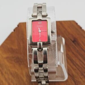 Fossil Women's Silver Tone Rectangle Bracelet Watch Red Retro Mod ES-9097